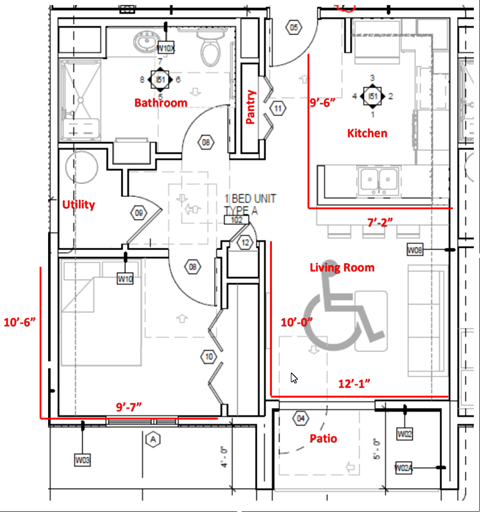 Floor plan for 1 bed, 1 bath, 619 sqft